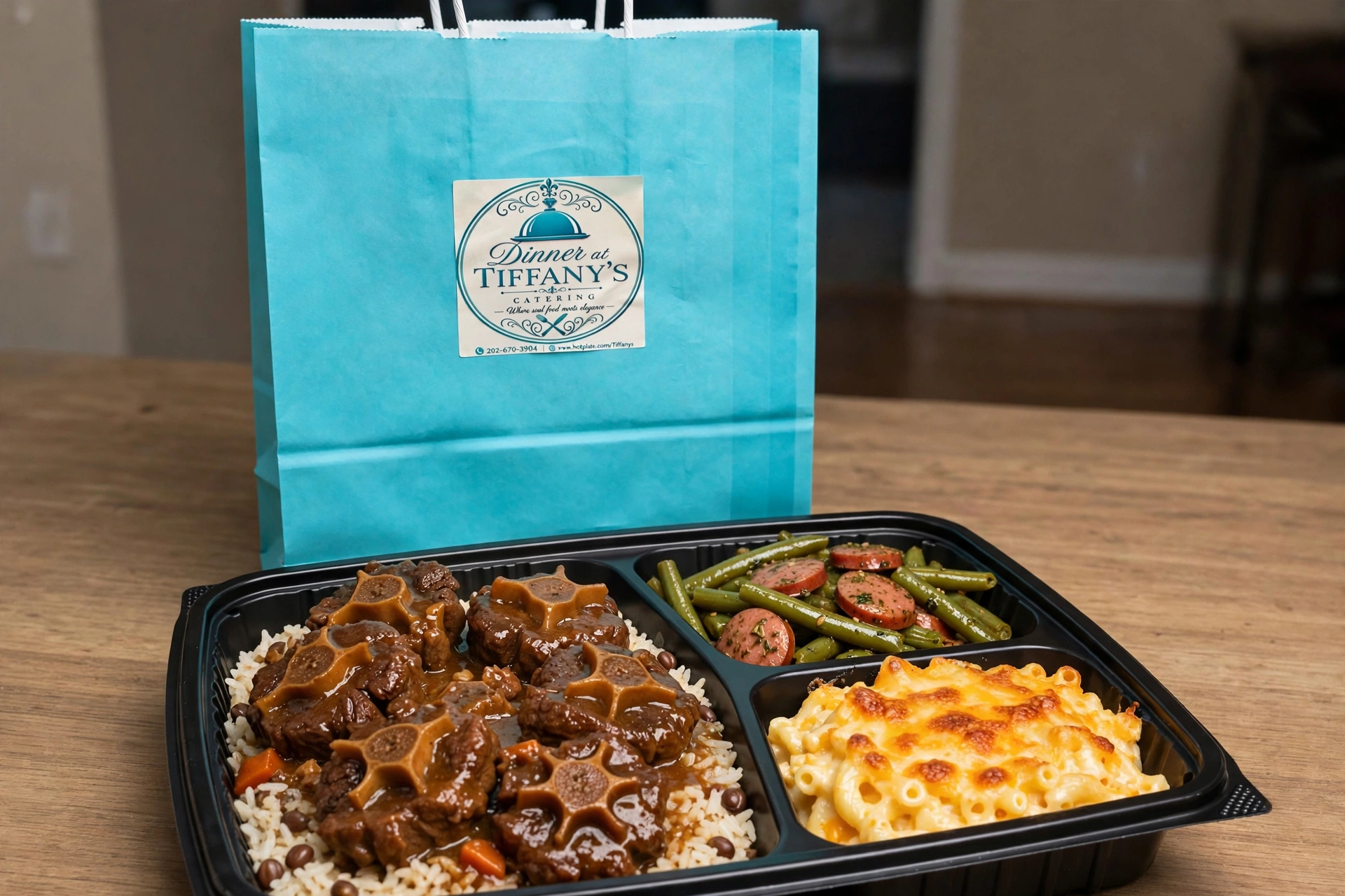 Braised oxtails over jasmine rice with green beans and mac and cheese in a takeout container with Tiffany blue bag