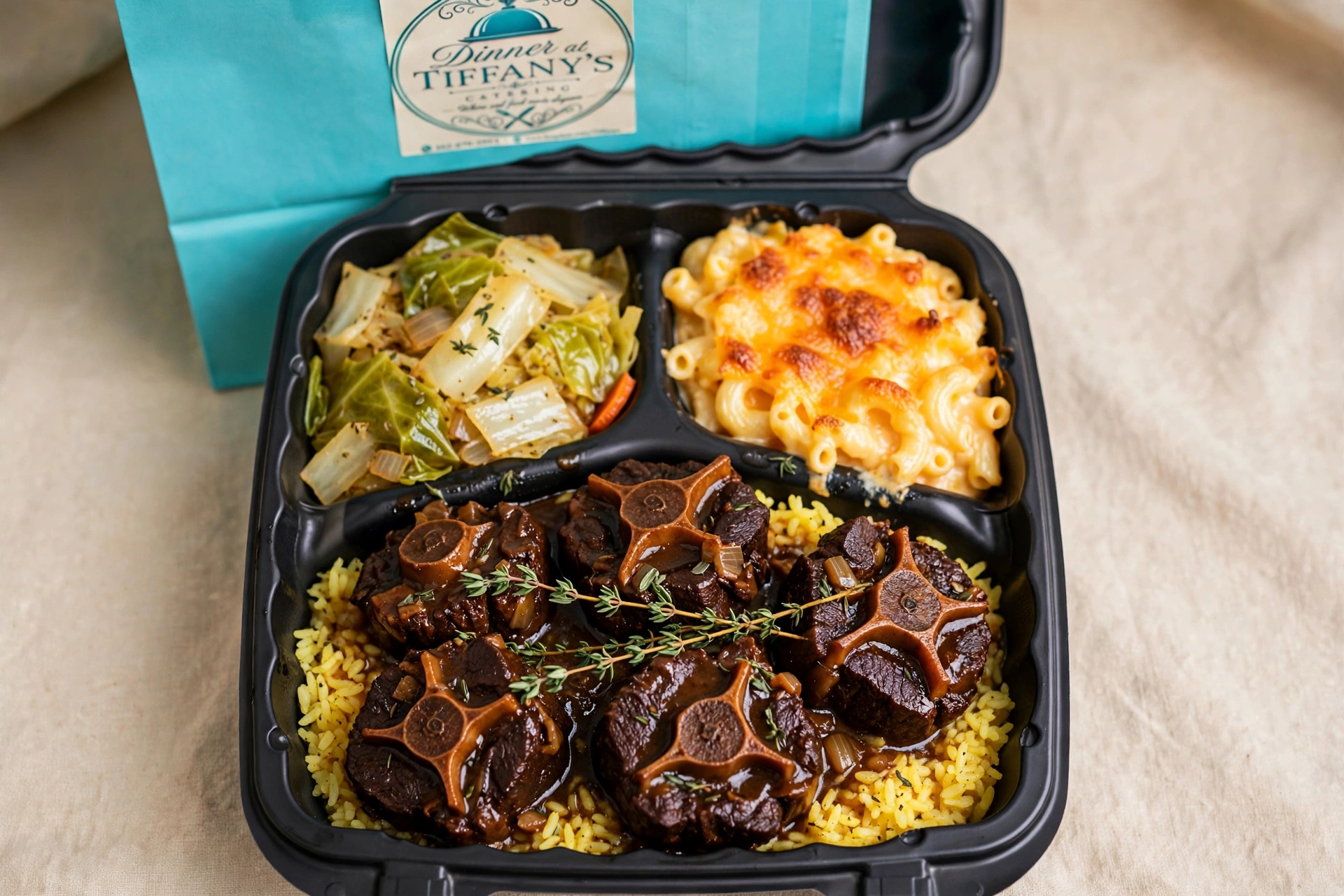 Braised oxtails with string beans and cornbread in a takeout container