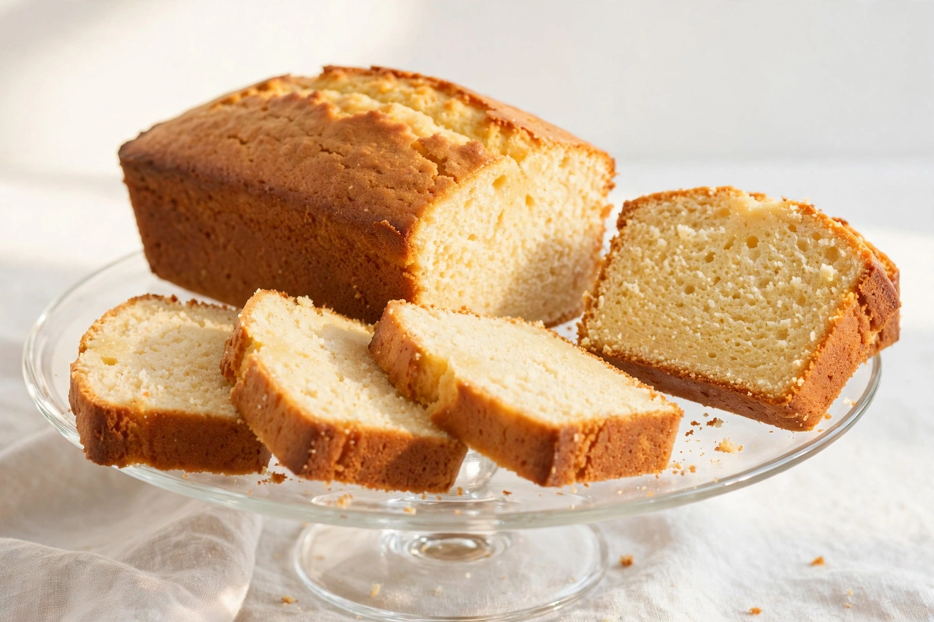 Sliced sour cream pound cake on a cake stand
