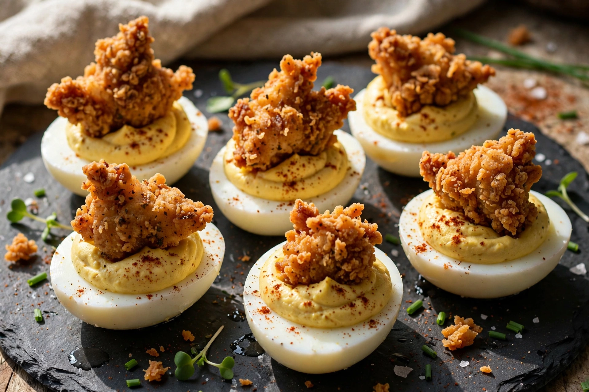 Simply Deviled eggs topped with crispy fried chicken